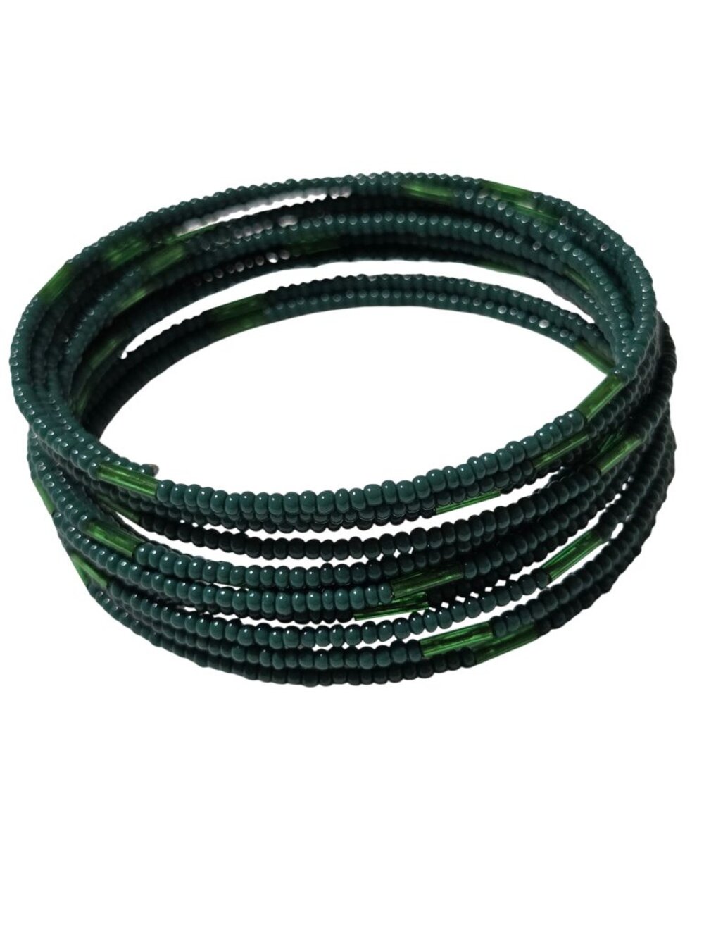Green Beaded Coil Bracelet Boho Earthy Artisan Cottagecore Fashion Jewelry Women